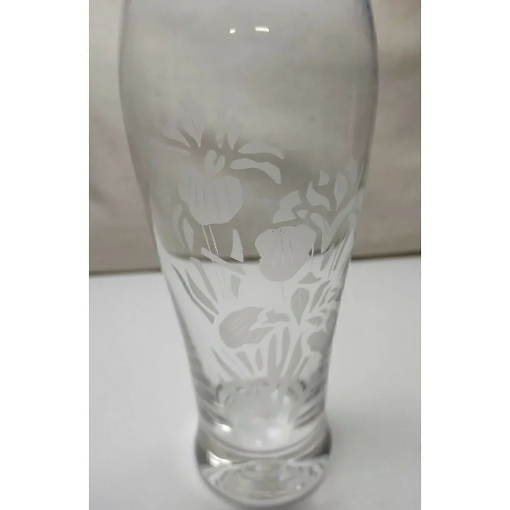 Vintage Etched Iris Floral Pattern Rippled Top Opening Hand Blown Sphere Vase